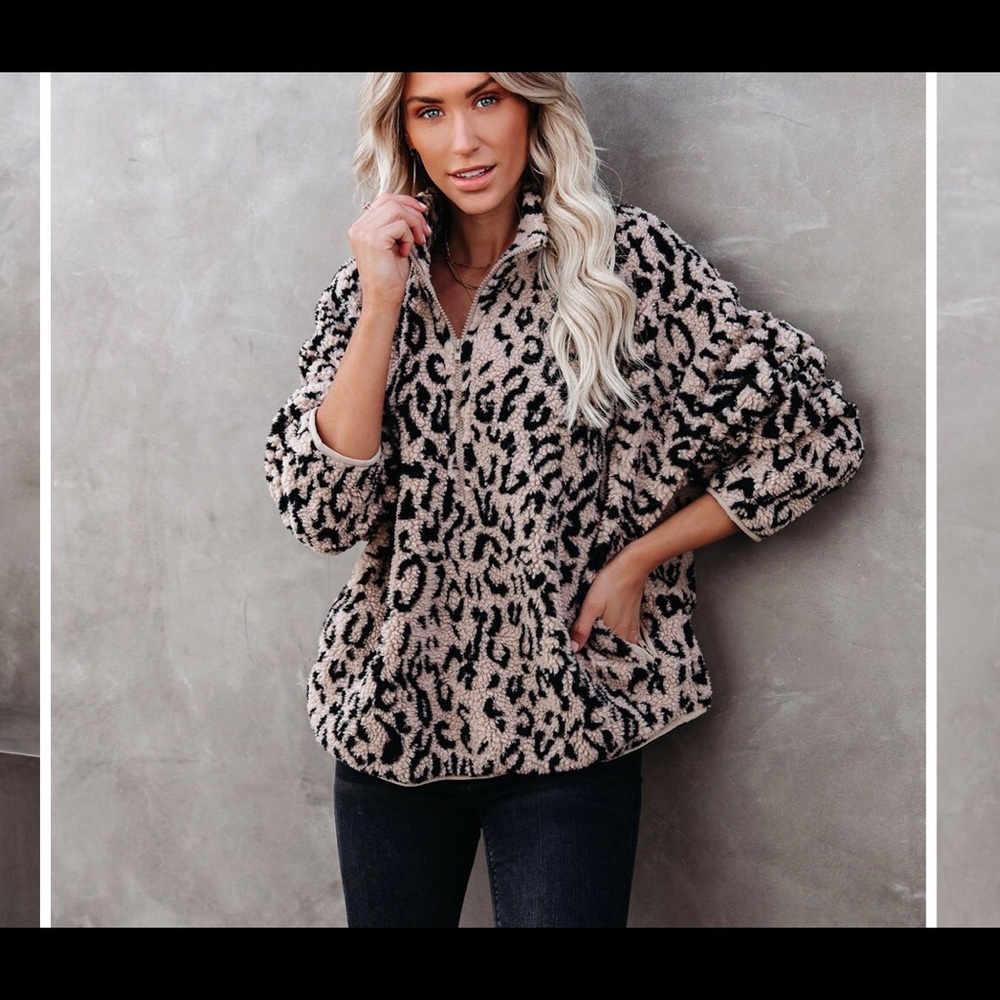 NWOT Leopard Half Zip Sherpa Pullover